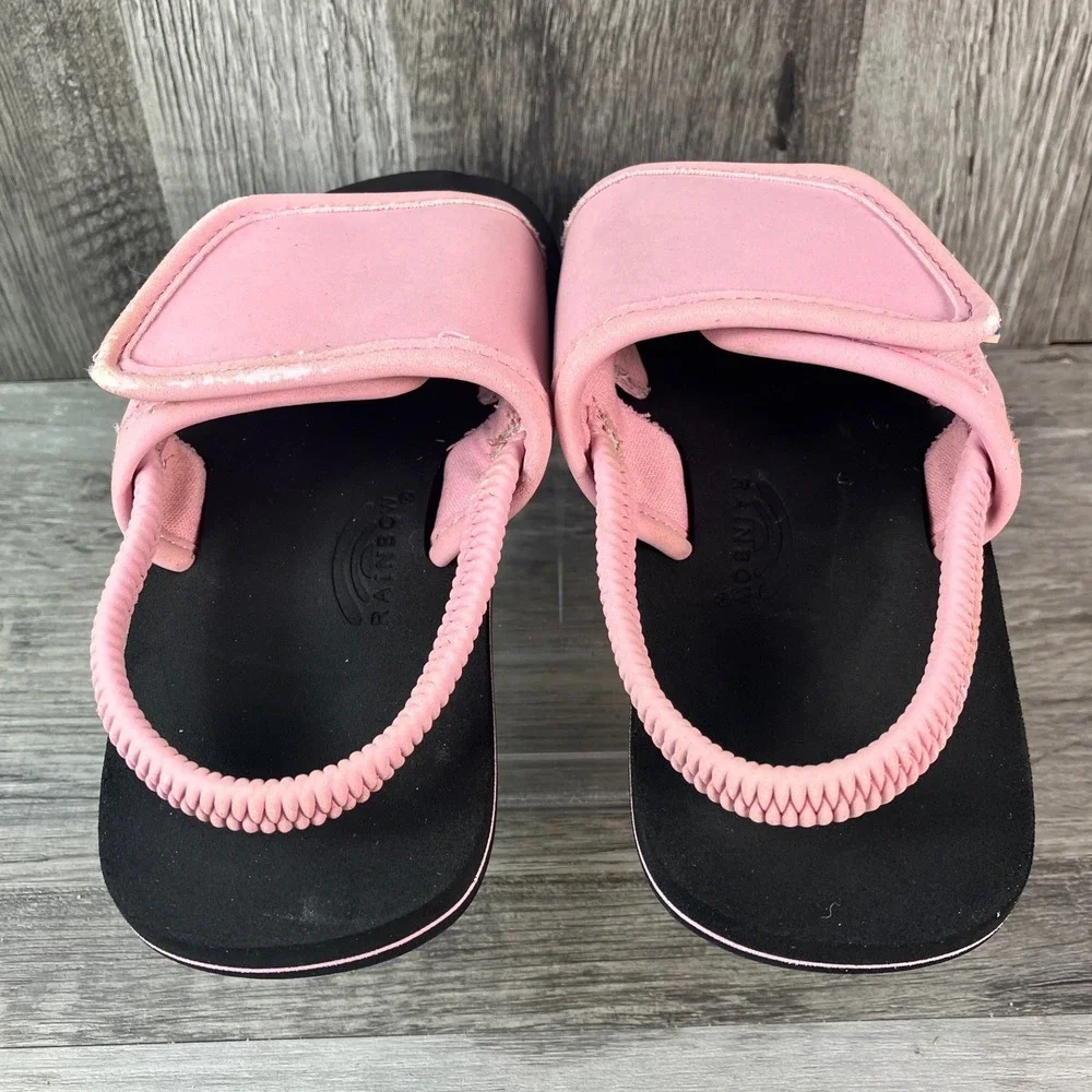 Rainbow Sandals Kids Pink Black Slide Sandals Back Strap Size 9/10 4869-0809